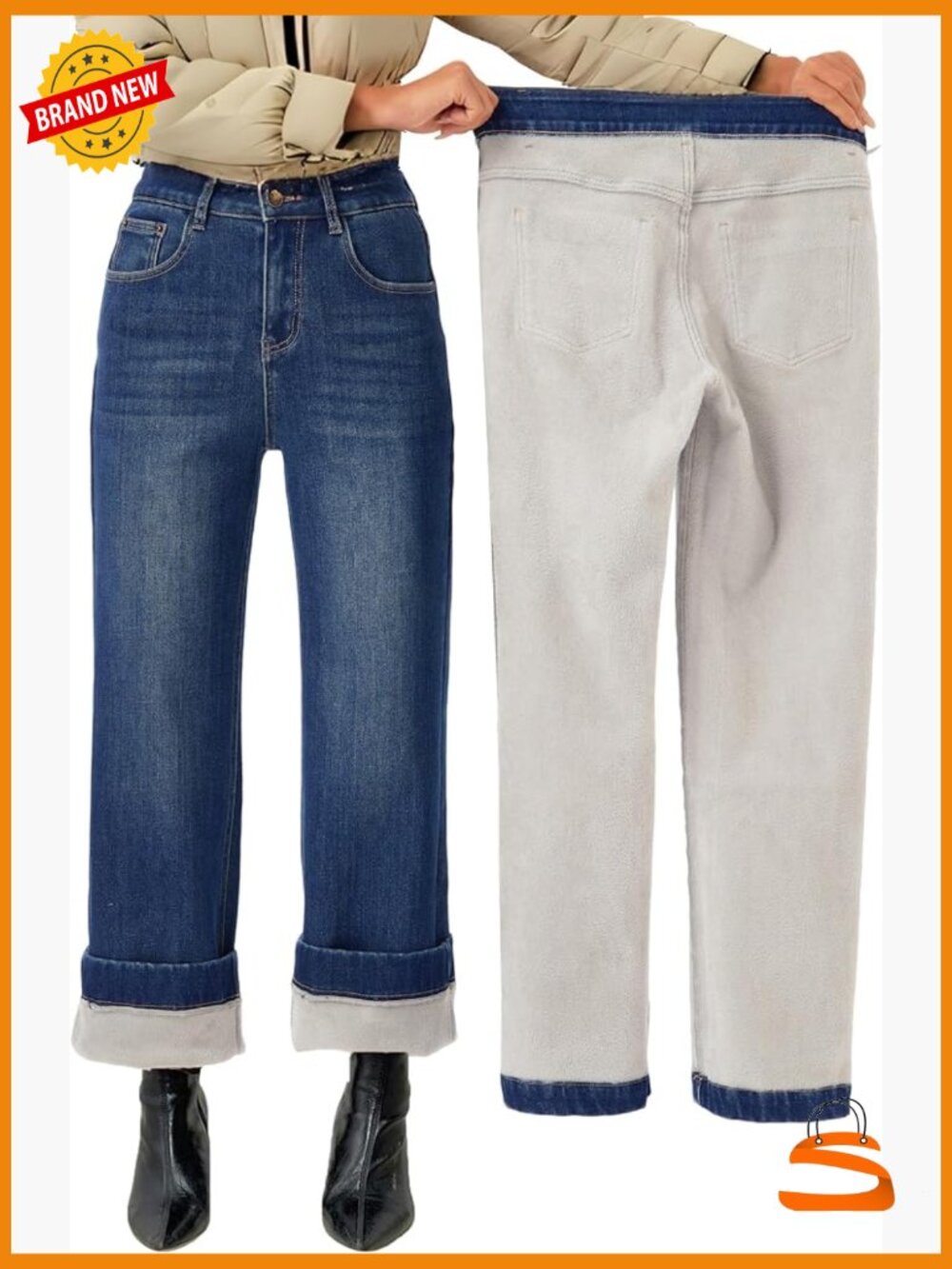 Fleece Lined Baggy Wide Leg Jeans Winter Thermal Denim Pants